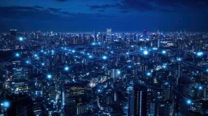 Night City Skyline Connected Network. Aerial View. Possible Use Stock photo