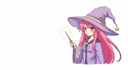 Obraz premium Charming anime witch with pink hair casting magic spell in purple hat