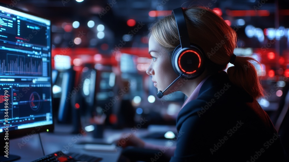 Poster focused analyst working in a high-tech control room with screens displaying data in 4k resolution