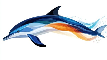 Obraz premium A dolphin painting in shades of blue, orange, white, and black with water splashing from its mouth
