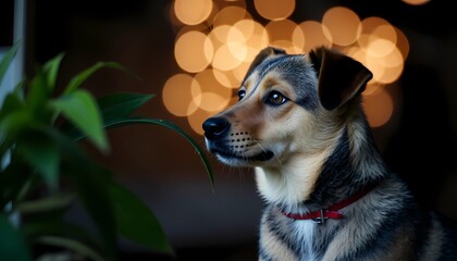 This is his house and his street: A smart and kind dog at the window, behind which you can see the blurred glare of neon lights