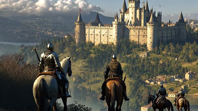 Epic knights on horseback journeying toward grand medieval castle in picturesque landscape