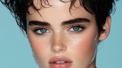 Close-up portrait of a young woman with natural makeup and wet hair