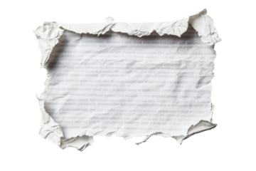 Torn white paper with crumpled edges on a transparent background