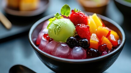 Refreshing fruit dessert with matcha ice cream, served in a dark bowl
