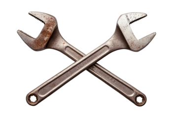 Crossed wrenches showing wear and age on a transparent background