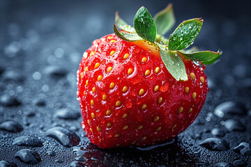 Single strawberry with water droplets sits on a dark surface