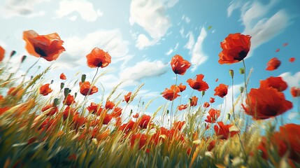 Fototapeta premium Red poppies field under blue sky with wispy clouds