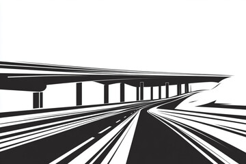 A monochrome highway with an overpass in the distance