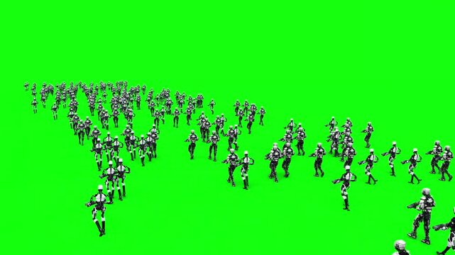 a crowd of walking robots with weapons. green screen. Apocalyptic concept