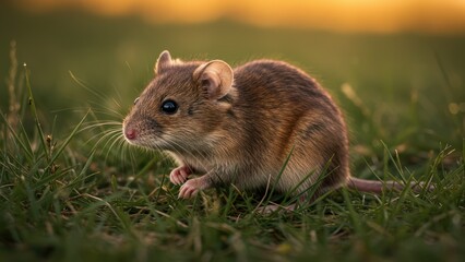 A small, furry mouse exploring grassy terrain in warm light.