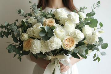 Naklejka premium Elegant bouquet featuring white and beige roses, ranunculus, hydrangeas, and greenery held by a floral delicate spring background. hello spring. flowers for a gift. flower delivery