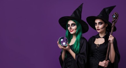 Two spooky witches with crystal ball and staff on purple background