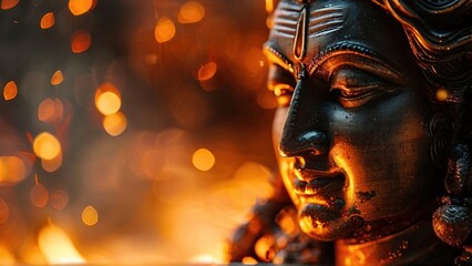 Serene Shiva bust, fire background, spiritual peace, meditation.  Use  religious, spiritual, yoga