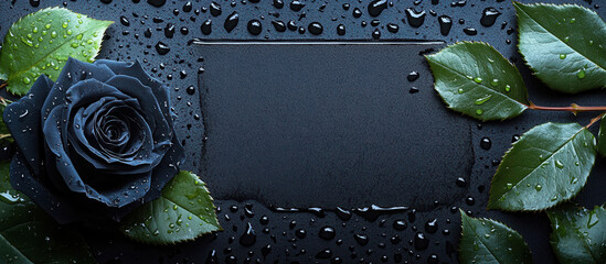 Elegant black background banner for cremation funeral services featuring a black rose and delicate water droplets