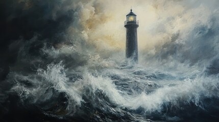 A tall lighthouse stands amidst crashing waves and a tumultuous sky