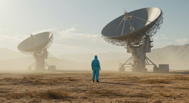 Scientist in blue suit observes desert parabolic satellite dishes