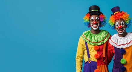 Fototapeta premium Colorful clowns smiling against blue background in vibrant costumes and makeup