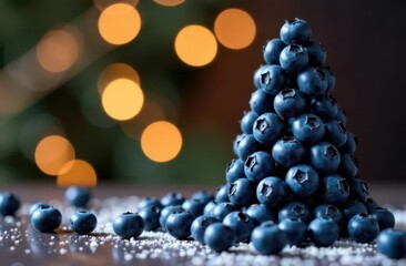 Christmas tree made of blueberries with blurred lights in the background