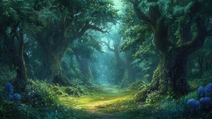 Magical Enchanted Forest Pathway Surrounded by Lush Green Trees and Vibrant Flora