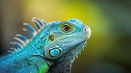 Obraz premium Close-up shot of a vibrant green and blue iguana with detailed scales, sharp spines along the back, and an intense gaze, set against a soft blurred green background