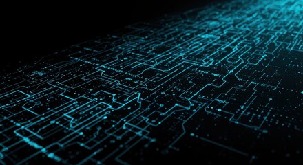 Obraz premium Futuristic circuit board with glowing blue connections in a dark context