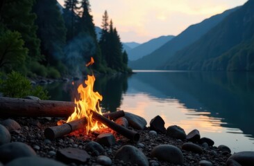 Campfire burning near lake at sunset in the mountains