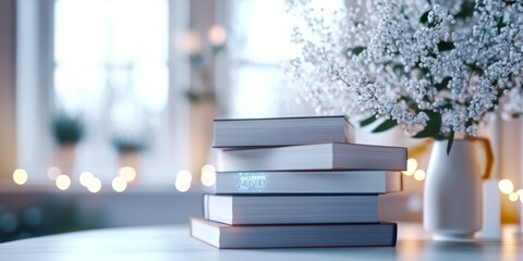 A cozy scene featuring a stack of books on a table beside a beautiful flower vase. This image captures warmth, tranquility, and the joy of reading. Perfect for home decor or relaxation. AI