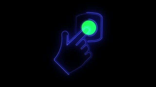 Neon hand Touch and Active  Neon Sign of Interaction in a Digital World on black background. 