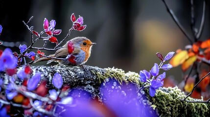 Robin on Branch with Flowers