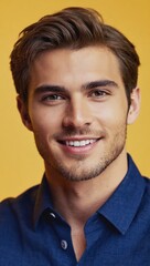 smiling young man in blue shirt with a yellow background