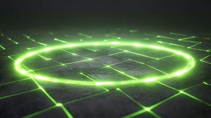 Glowing Green Circle on Dark Grid Floor