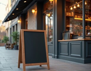 Blank black chalkboard menu sign in front of coffee shop cafe. Wooden frame board on street pavement outdoor. Eatery retro billboard. Mockup template with empty surface for menu or marketing.