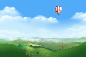 Naklejka premium Hot air balloon over rolling hills on a sunny day