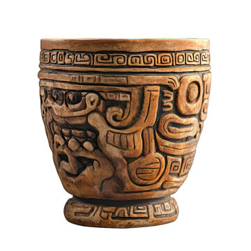 Mayan stoneware cup, ceremonial designs, isolated on transparent background