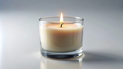 Lit Candle in Glass Container on White Background