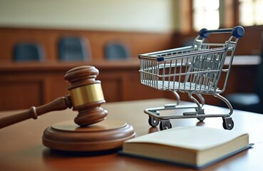 Shopping cart, gavel, book symbolize e-commerce regulations consumer rights in digital market. Legal online business, fair trade, customer protection laws. Auction, internet commerce payment policy.