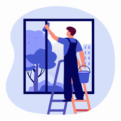 Man cleaning a window while standing on a ladder against a city backdrop  