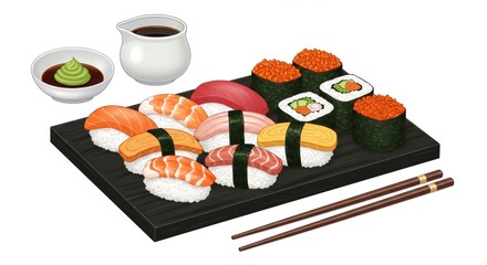 Assorted sushi platter with soy sauce and chopsticks on black plate