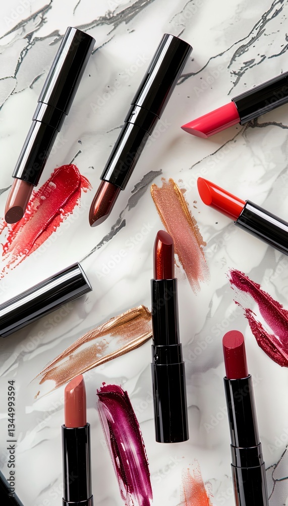 Poster colorful lip gloss and lipstick tubes elegantly displayed on a marble surface with rich shades and d