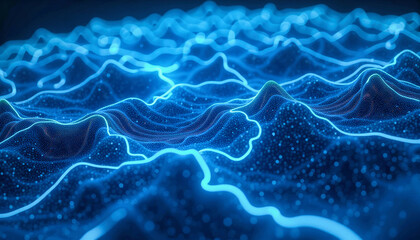 Fototapeta premium Glowing blue lines trace a dynamic, abstract landscape of interconnected nodes and flowing energy. Graphical resource for design and downstream advertisement purposes