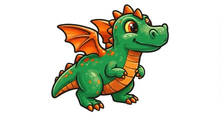 Fototapeta premium Cute cartoon baby dragon with orange wings and spikes on white background