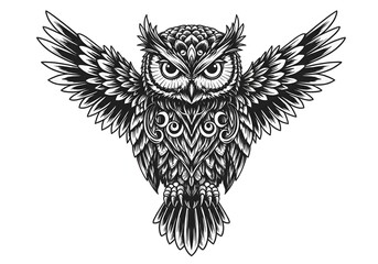 Obraz premium Majestic Ornate Owl with Spread Wings: A Black and White Ink Drawing