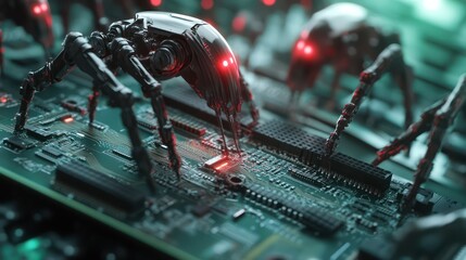 Fototapeta premium Robotic insects repair circuit board; futuristic tech background; illustration for tech articles