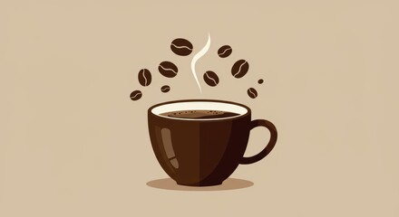 Obraz premium Steaming coffee cup with floating coffee beans on beige background