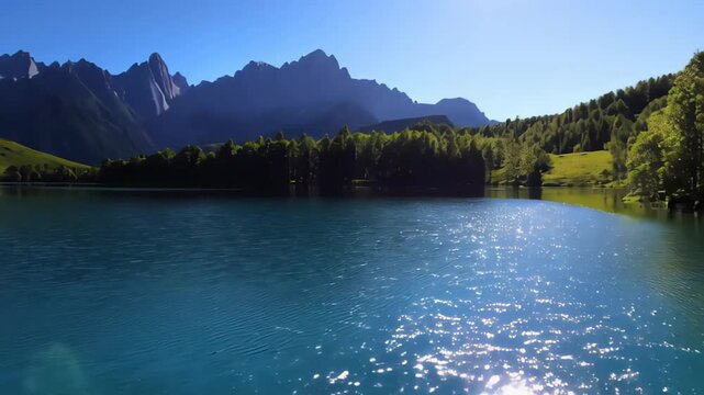 Crystal clear mountain lake surrounded by lush green hills