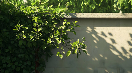 Lush Green Leaves Illuminated By Sunlight Against Textured Grey Concrete Wall Outdoors