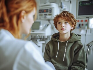 Obraz premium A sad child sits in a doctor's office, looking worried while the physician gestures and explains something. The medical consultation setting conveys care and concern.