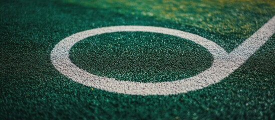 A white painted semi circle and line on green artificial turf