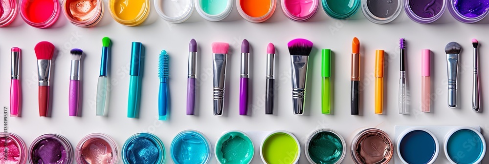Poster brightly colored nail polishes and manicure tools neatly arranged on a light background for a vibran